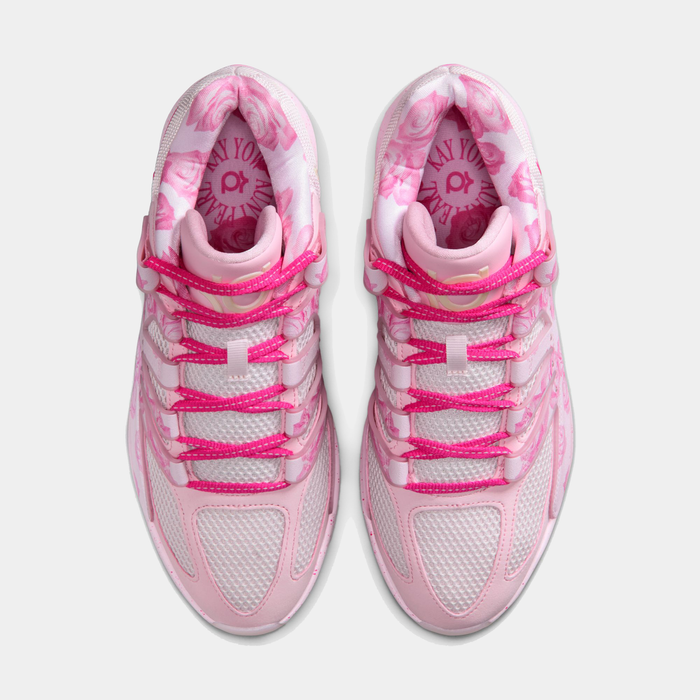 Nike KD 18 "Aunt Pearl" basketball shoes in pink with floral patterns, mesh upper, and pink laces, top view.