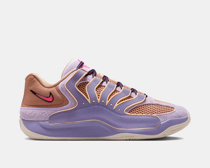 Nike KD 18 basketball shoes in lavender, peach, and pink with mesh upper, textured overlays, and Zoom Air cushioning, side view.