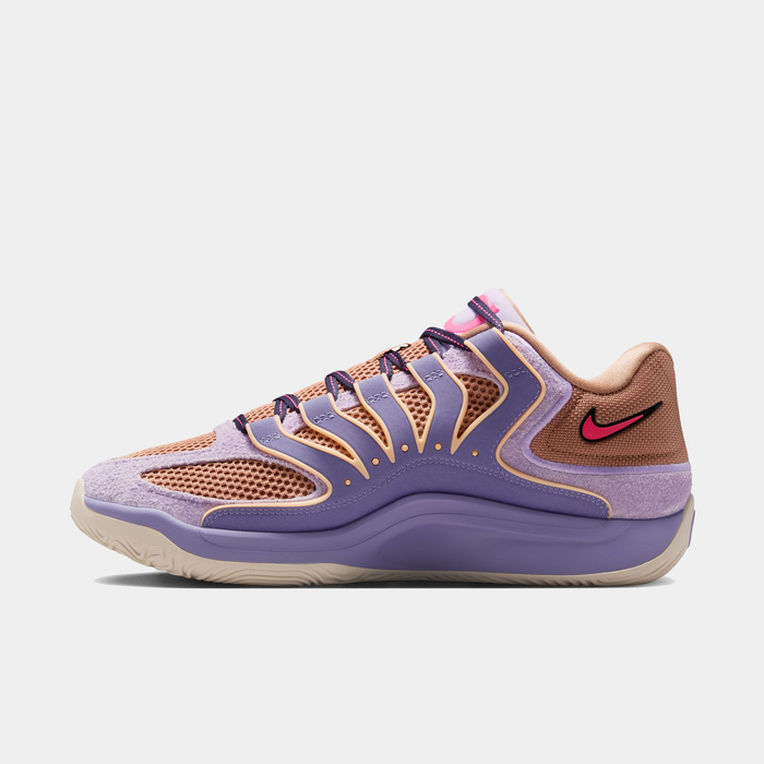 Nike KD 18 basketball shoes in purple, lavender, and peach tones with mesh upper, reinforced overlays, and red Swoosh logo, side view.