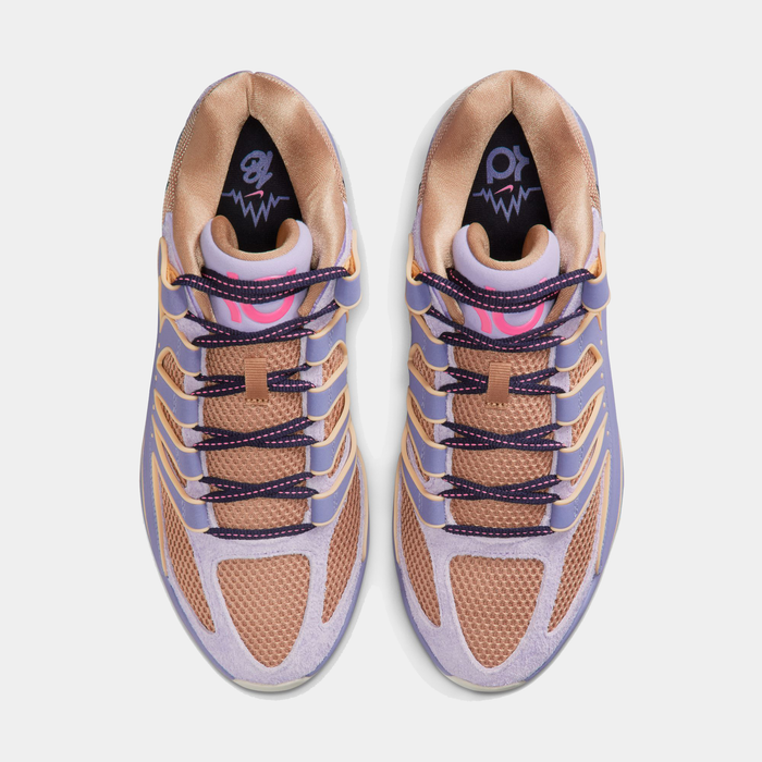 Nike KD 18 basketball shoes top view with peach mesh upper, lavender overlays, purple laces, and pink logo detailing.