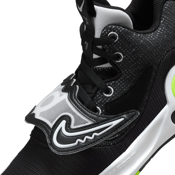 Nike KD Trey 5 X basketball shoes close-up showing black textile upper, lace system, and white Nike logo detailing.