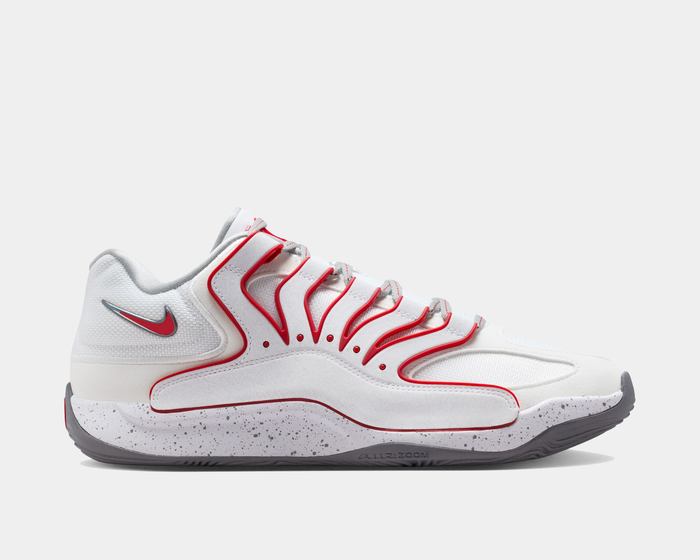Nike KD18 "Wayne" basketball shoes in white with red accents, mesh upper, and speckled midsole, side view.