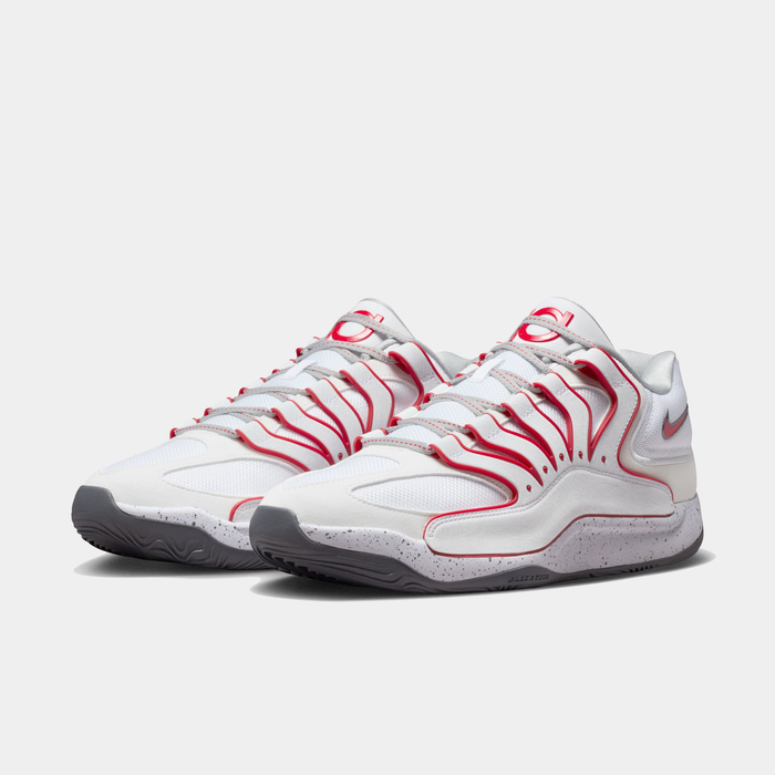 Nike KD18 "Wayne" basketball shoes in white with red accents, mesh upper, cushioned midsole with speckled design, front angle view.