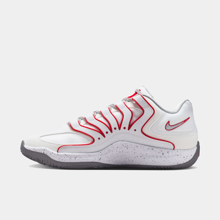 Nike KD18 "Wayne" basketball shoes in white with red accents, speckled midsole, and gray outsole, side view.