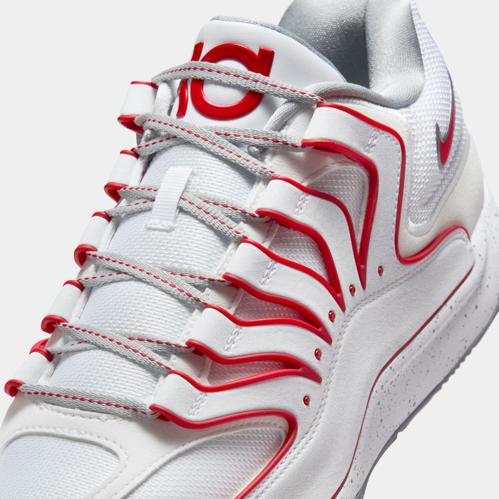 Nike KD18 "Wayne" basketball shoes in white with red accents, reinforced lace loops, and mesh upper, close-up front view.