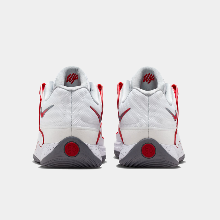 Nike KD18 "Wayne" basketball shoes, back view showing white mesh upper with red accents, gray outsole, and "Easy" branding on heel.