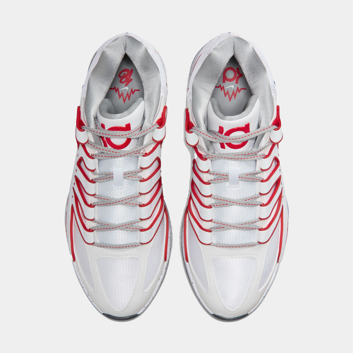 Nike KD18 "Wayne" basketball shoes, white mesh upper with red accents and dynamic lace system, top view.