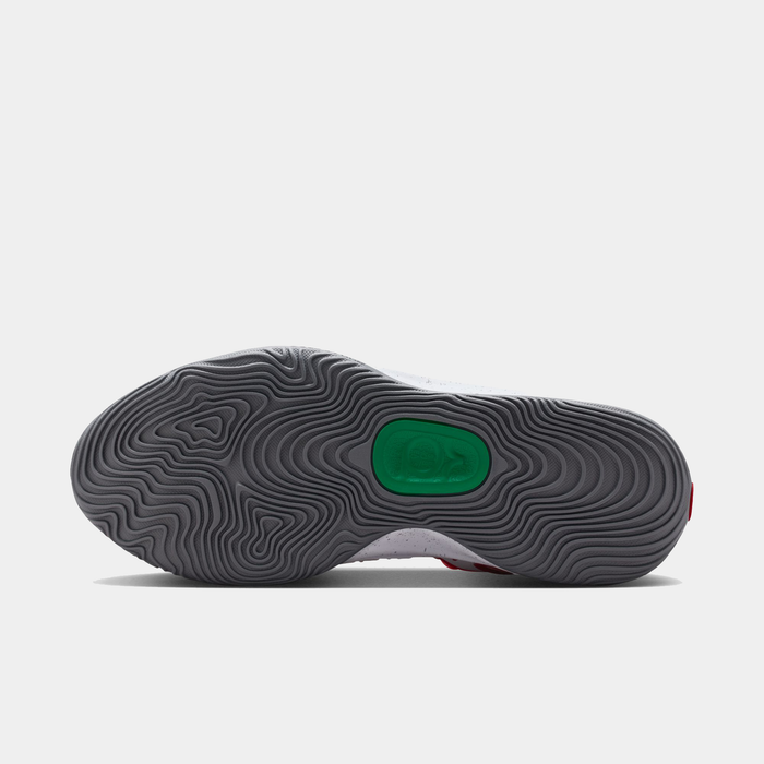 Nike KD18 "Wayne" basketball shoes, gray outsole with wavy traction pattern and green cushioned midfoot detail, bottom view.