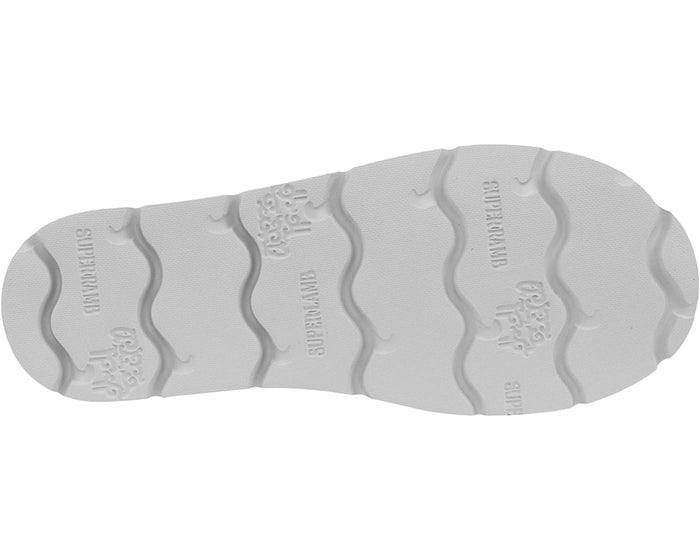 SuperLamb Khulan footwear outsole in white featuring wave-like tread patterns and embossed branding, sole/bottom view.