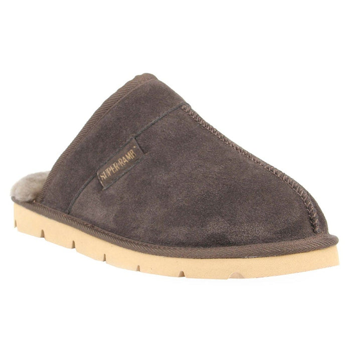 SuperLamb Khulan slippers in dark brown suede with a soft shearling lining and beige rubber sole, angled front view.