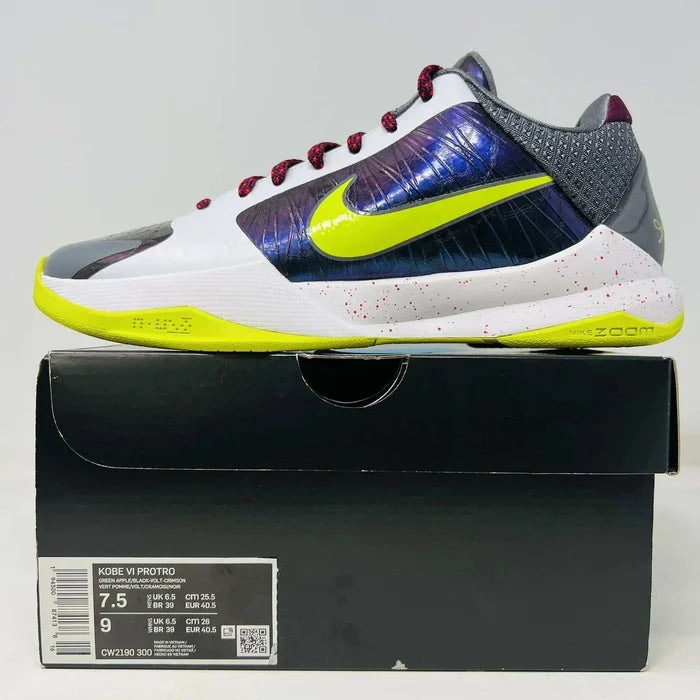 Nike Kobe 5 Protro Chaos sneaker on replacement box, side view showing design and color details.