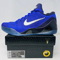 Nike Kobe 9 Elite Low Protro basketball shoe in blue with white swoosh on black box, 2025 model