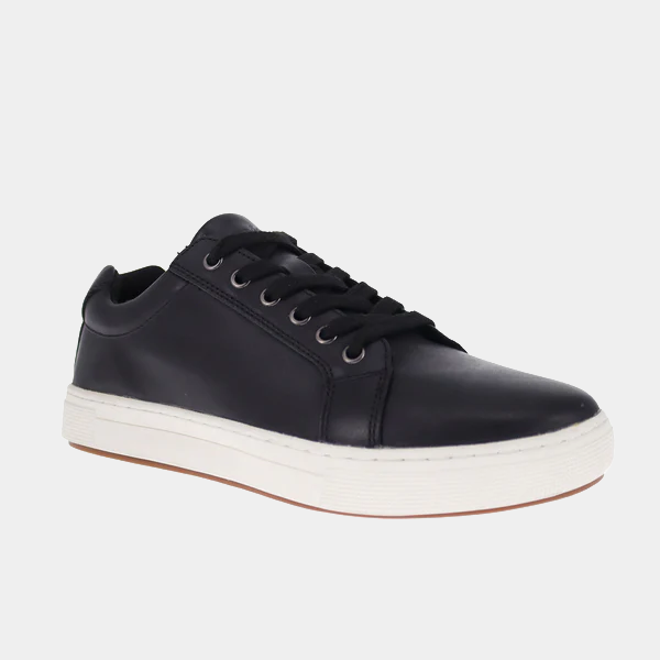 Propét Koda sneakers in black leather with black laces, white textured rubber sole, side view.