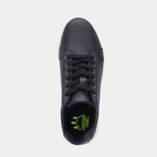 Propét Koda shoes top view, featuring black leather upper, lace-up closure, and cushioned Duracush insole design.