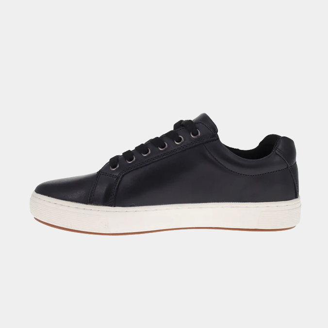 Propét Koda sneakers in black leather with white rubber outsole and lace-up design, side view.