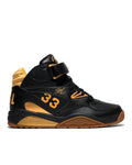 Ewing Athletics KROSS X "BIG L" sneakers in black and gold with adjustable strap, embroidered details, and gum outsole, side view.