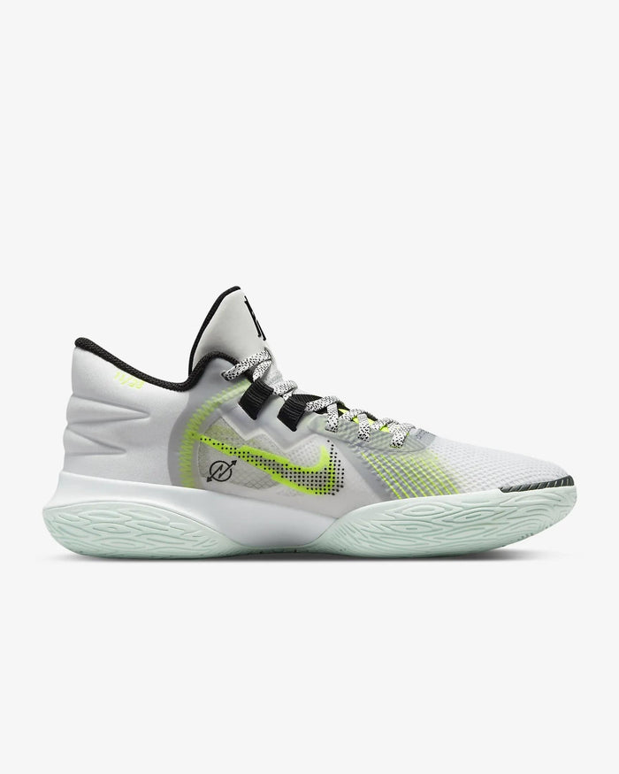 Nike Kyrie Flytrap V basketball shoes in white with neon green accents, mesh upper, and padded collar, side view.