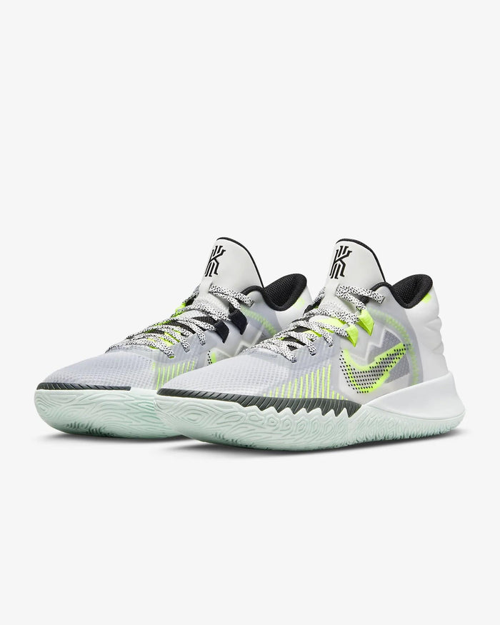 Nike Kyrie Flytrap V basketball shoes in white, black, and neon green with breathable mesh upper and durable rubber outsole, front angled view