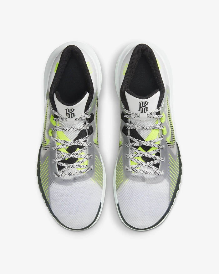 Nike Kyrie Flytrap V basketball shoes, top view showing white mesh upper, neon green accents, black details, and patterned laces.
