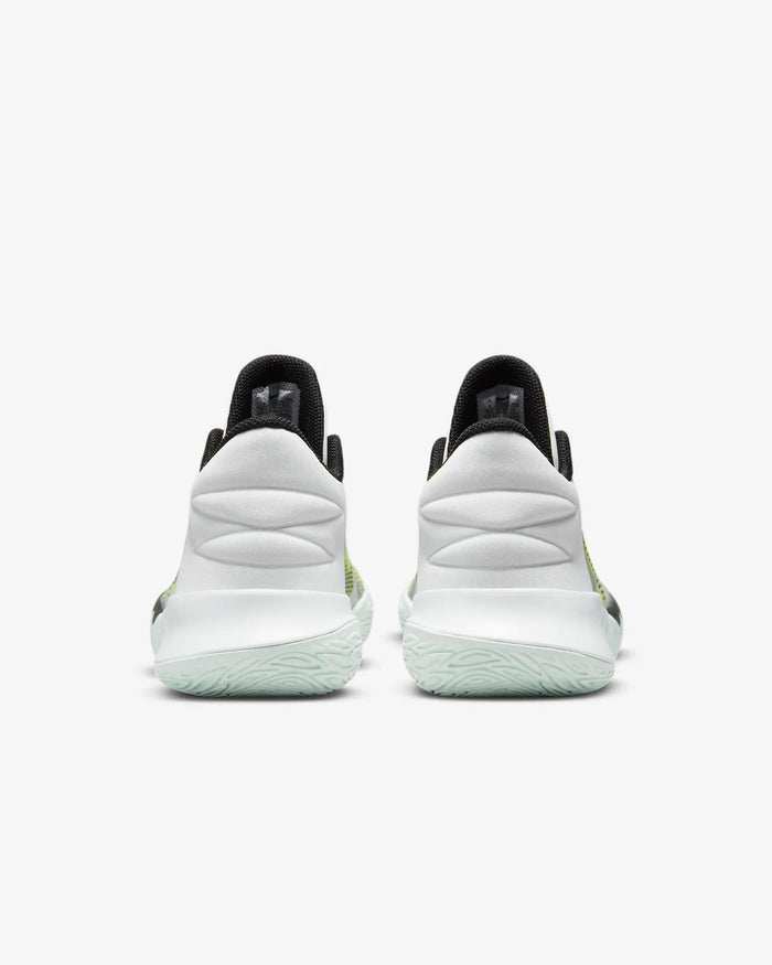 Nike Kyrie Flytrap V basketball shoes back view, white upper with padded heel counter, black collar, and mint green outsole.