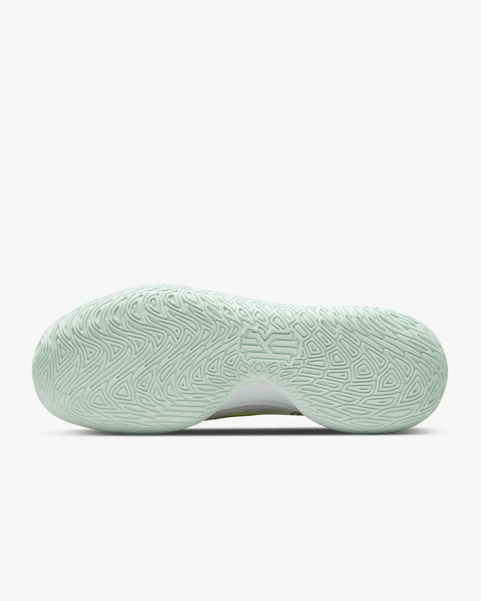 Nike Kyrie Flytrap V basketball shoes outsole in mint green showing textured traction pattern and Kyrie logo.