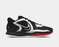 Nike Kyrie Low 5 basketball shoes in black, white, and red featuring lightweight mesh upper, curved outsole, and side view.