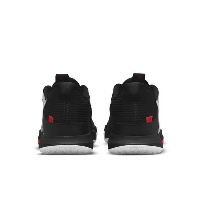 Nike Kyrie Low 5 basketball shoes in black with red accents and white outsole, back view showcasing heel design.