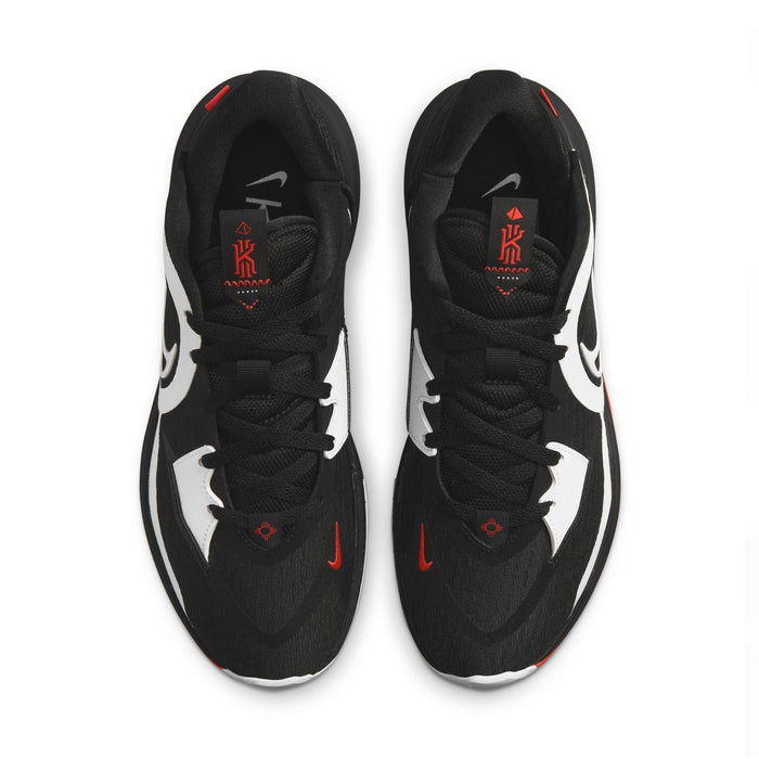 Nike Kyrie Low 5 basketball shoes in black with white accents, red logo details, and mesh uppers, top view.