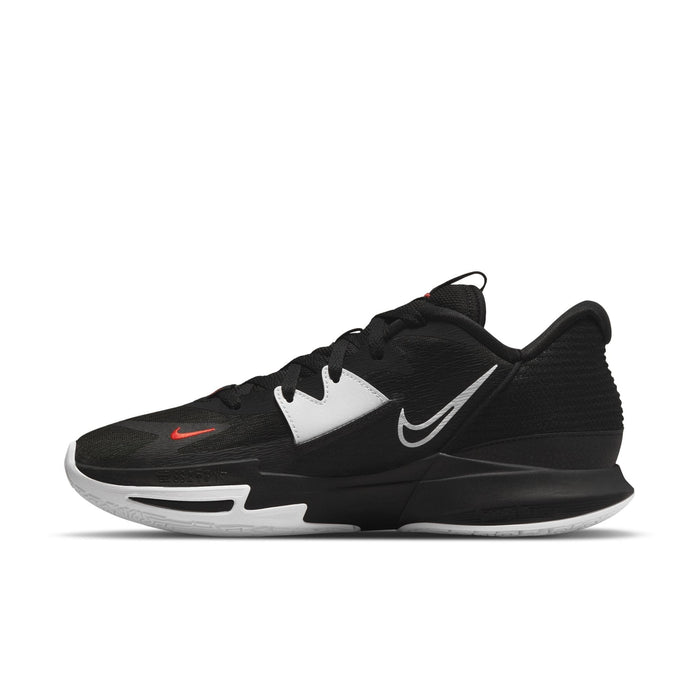 Nike Kyrie Low 5 basketball shoes in black with white accents, red branding, mesh upper, and low-profile design, side view.