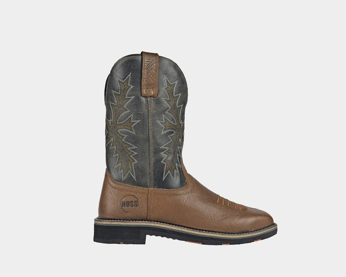 Hoss Landon Comp Toe Western Boot in brown and gray leather with embroidered shaft and reinforced toe, side view.
