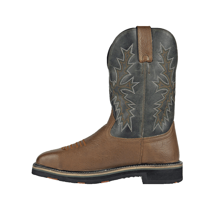 Hoss Landon Comp Toe Western Boot in brown and gray with embroidered upper and sturdy sole, side view.