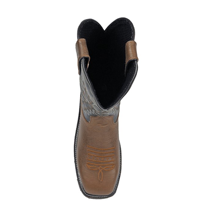 Hoss Landon Comp Toe Western Boot top view showing brown leather upper with intricate stitching details and black interior lining.