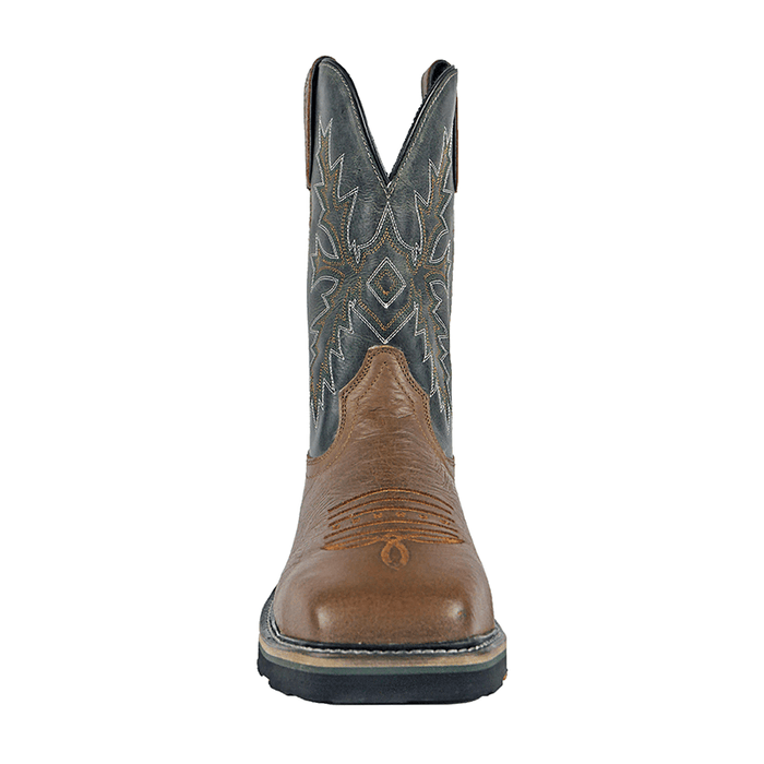 Hoss Landon Comp Toe Western Boot in brown and dark gray leather with decorative stitching, front view.
