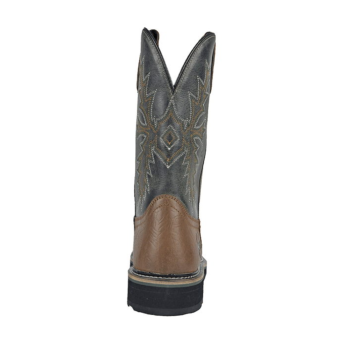 Hoss Landon Comp Toe Western Boot back view showing brown leather heel, black rubber outsole, and embroidered gray shaft design.