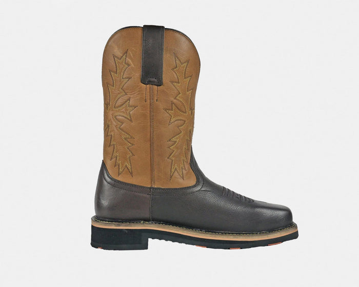 Hoss Landon Soft Toe Western Boot in tan and dark brown leather with stitched detailing and slip-resistant outsole, side view.