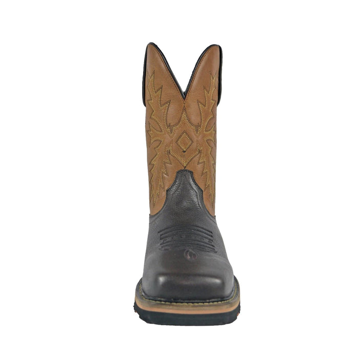 Hoss Landon Soft Toe Western Boot with brown leather shaft and decorative stitching, soft toe, and black vamp, front view.