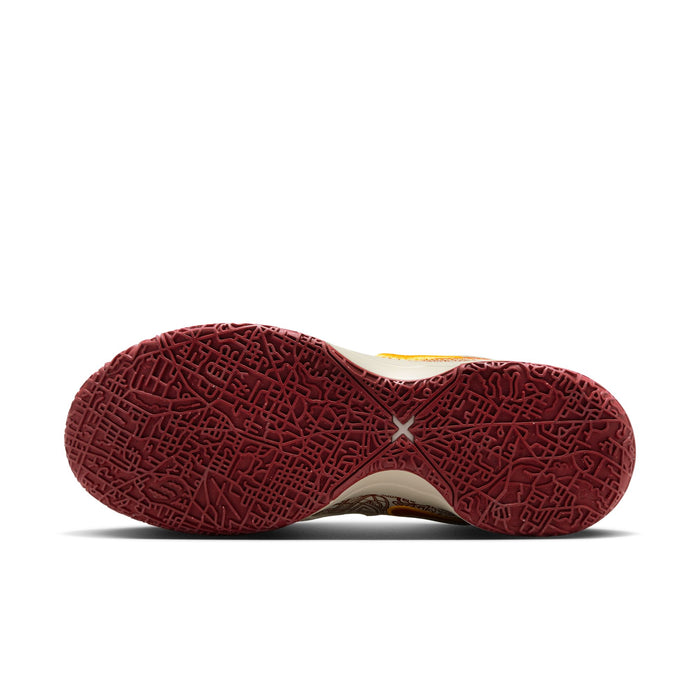 Nike LeBron NXXT Gen AMPD basketball shoes outsole detailing intricate red traction pattern and midsole in white.