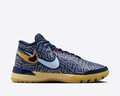 Nike LeBron NXXT Genisus basketball shoes, side view showing patterned blue mesh upper, orange and gold accents, and gum rubber outsole.