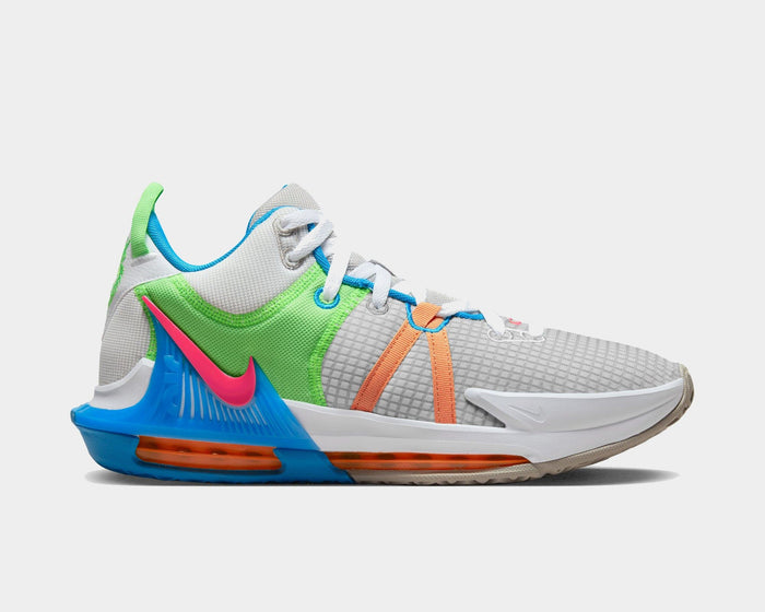Nike LeBron Witness 7 basketball shoes in gray with vibrant green, orange, blue, and pink accents, side view highlighting lightweight mesh upper and cushioned midsole.