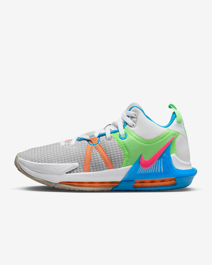 Nike LeBron Witness 7 basketball shoes in white, gray, neon green, blue, and pink with visible Air cushioning and mesh upper, side view.