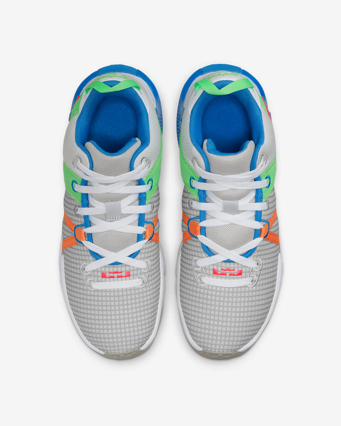 Nike LeBron Witness 7 basketball shoes top view showing gray mesh upper with vibrant green, blue, and orange accents and white laces.