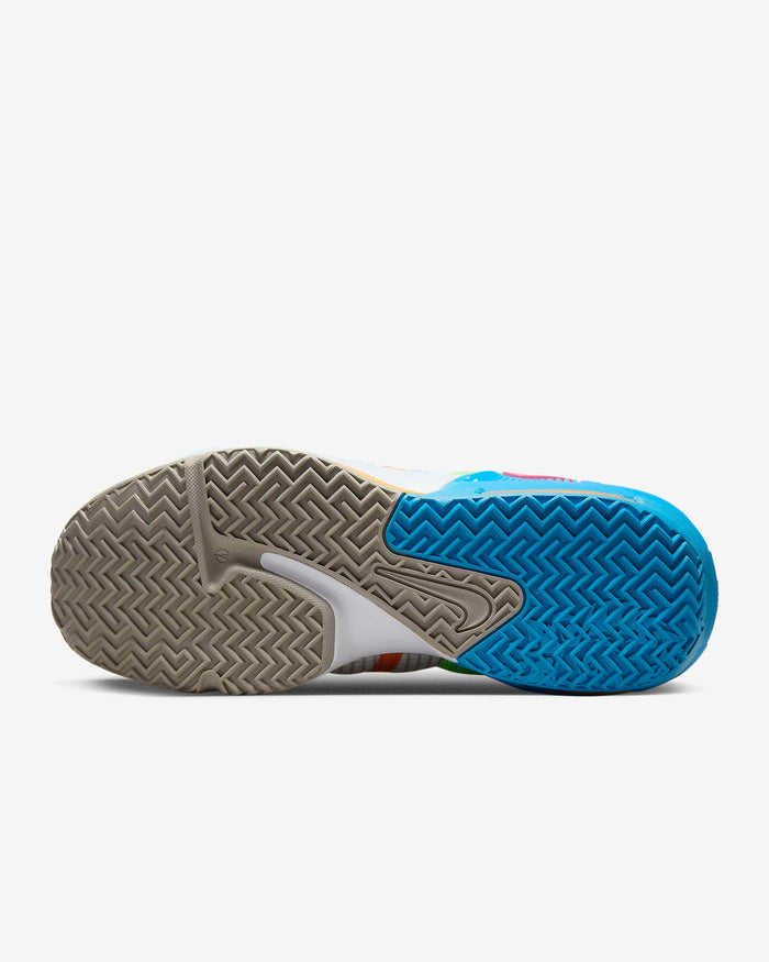 Nike LeBron Witness 7 basketball shoes outsole with herringbone traction pattern in gray and blue rubber, bottom view.