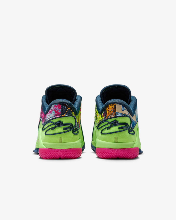 Nike LeBron XXII 'Bryce's World' basketball shoes back view featuring neon green heel, multicolor accents, and pink outsole.