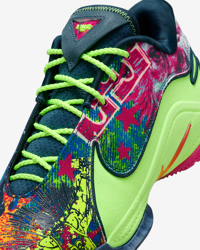 Nike LeBron XXII "Bryce's World" basketball shoes featuring vibrant multicolor design with neon green laces, highlighted close-up view of side panel detailing.
