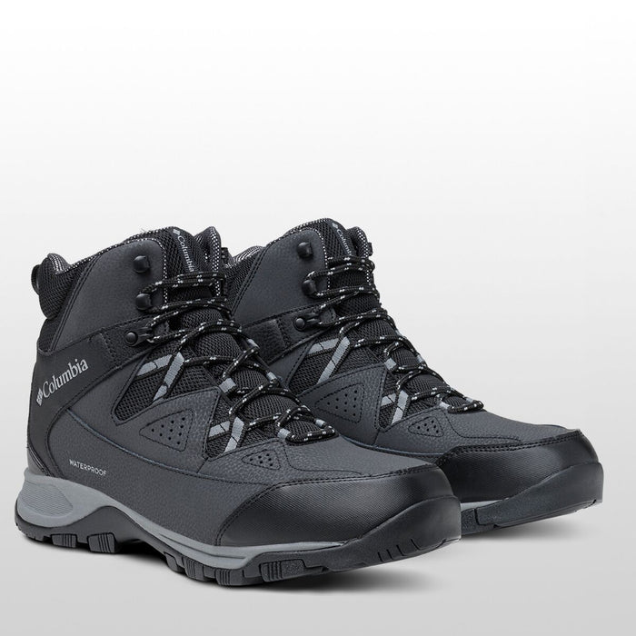 Columbia Liftop hiking boots in black with waterproof construction, durable textured upper, and sturdy laces, front angled view.