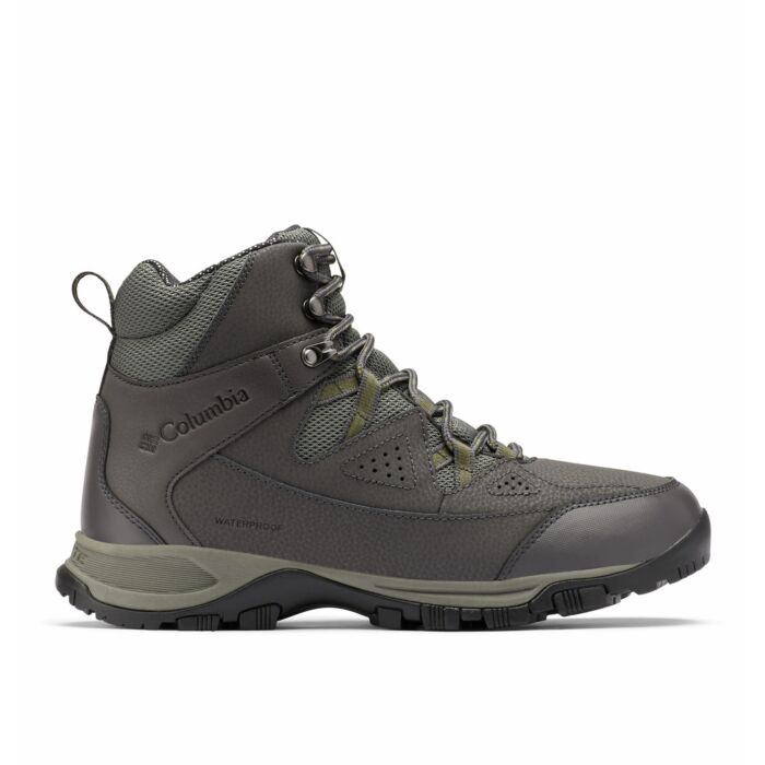 Columbia Liftop hiking boots in dark gray with waterproof leather upper, mesh panels, and rugged outsole, side view.