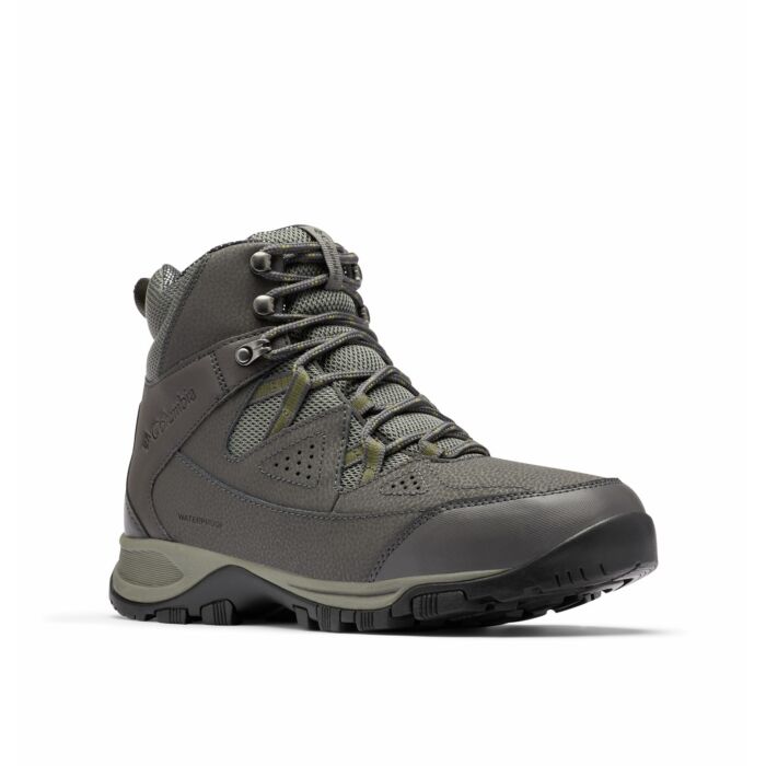 Columbia Liftop hiking boots in gray with waterproof construction, cushioned midsole, and rugged outsole, front-side angle.