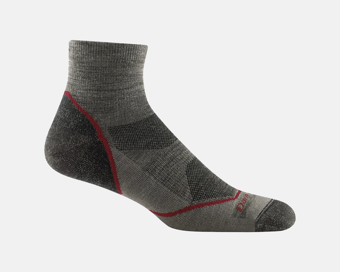 Darn Tough Light Hiker Quarter Lightweight Hiking Socks in gray with red accents and cushioned heel and toe, side view.