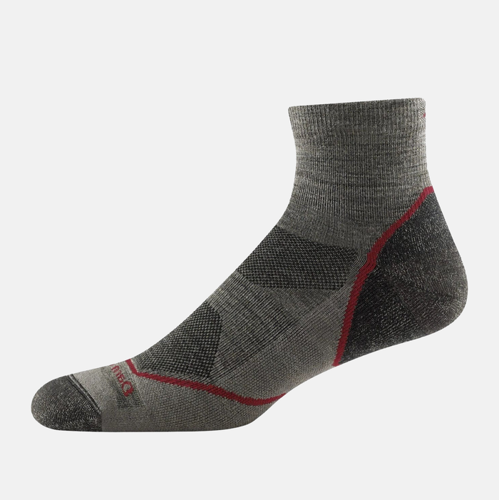Darn Tough Light Hiker Quarter Lightweight Hiking Socks in gray with red accents, durable knit and reinforced toe and heel, side view.