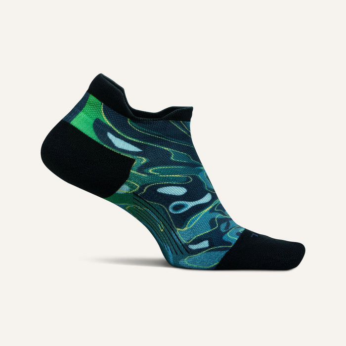 Feetures Limited Edition Elite Light Cushion No Show Tab Socks, multicolor abstract print with black accents, side view.